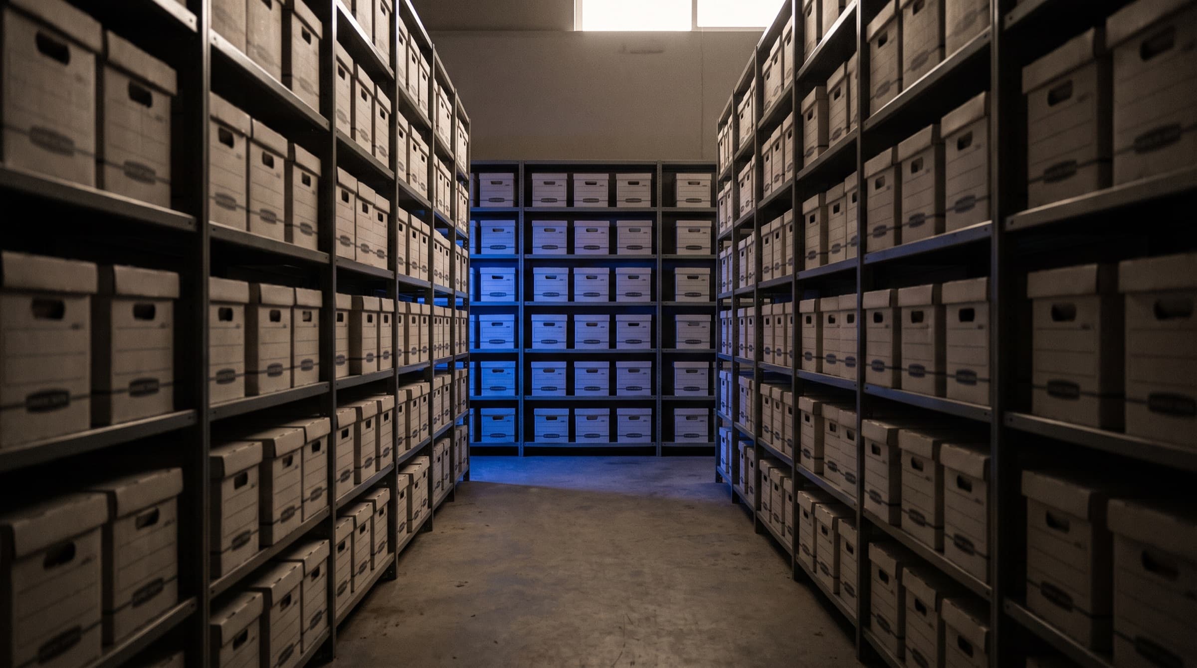 Un archivo de expedientes que se pierde en la oscuridad, con un solo anaquel iluminado