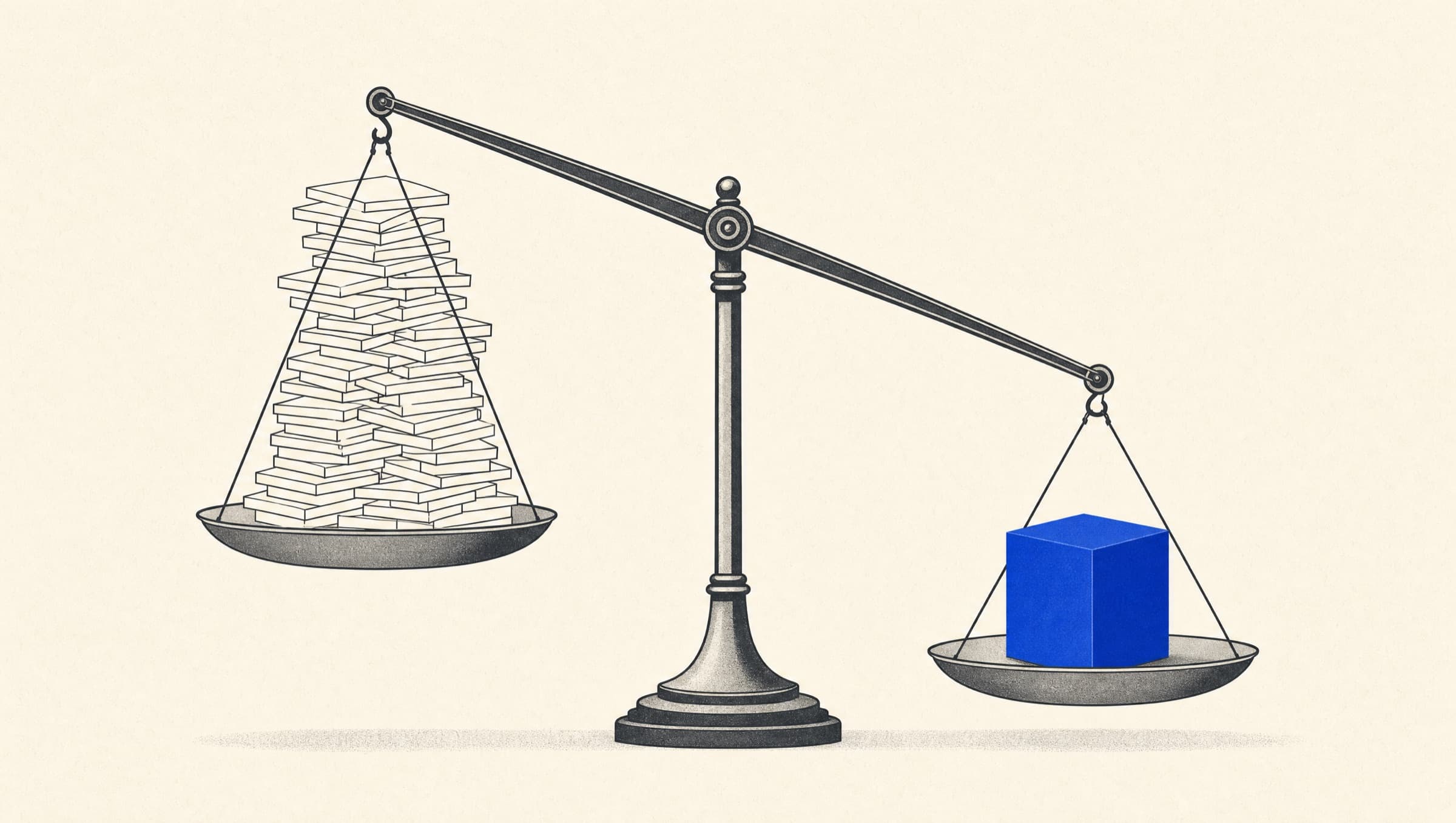Una balanza ilustrada que pesa una pila de suscripciones contra un solo bloque azul sólido