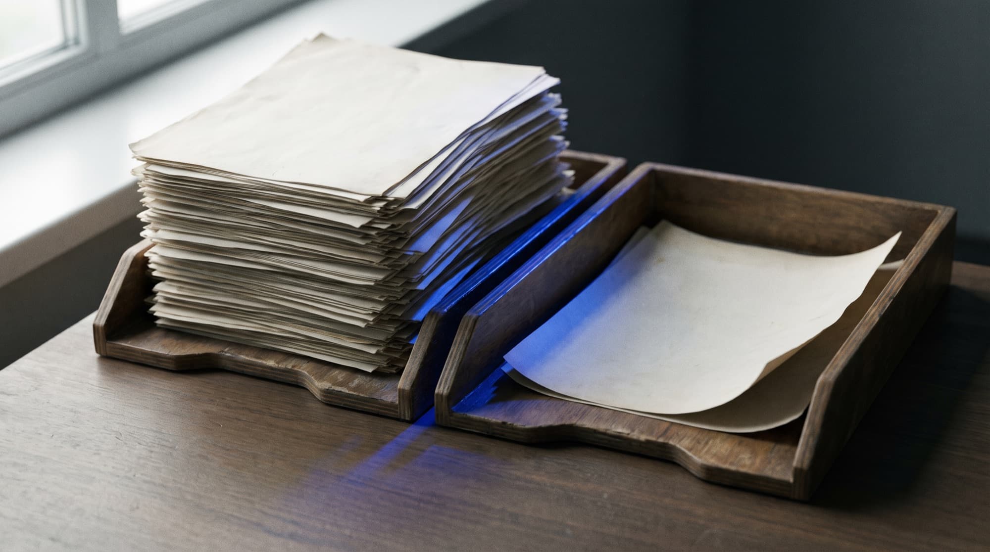 Dos charolas de documentos sobre un escritorio, una repleta de papel y otra casi vacía