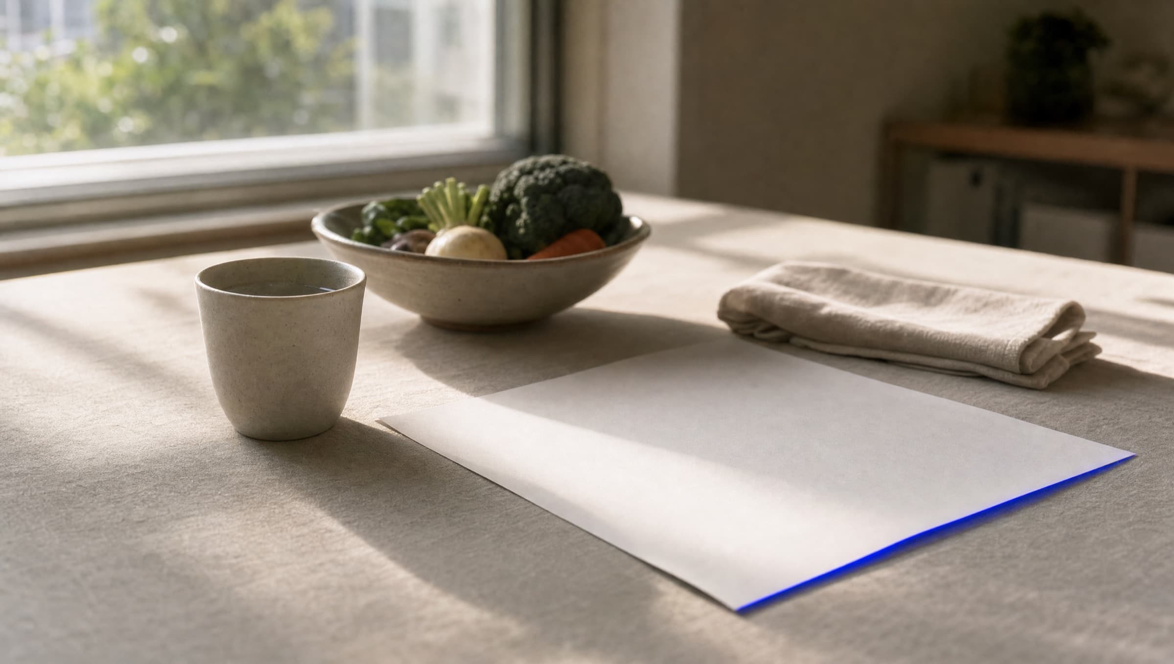 Una mesa de consultorio con luz cálida, un plan impreso, un vaso de agua y verduras frescas