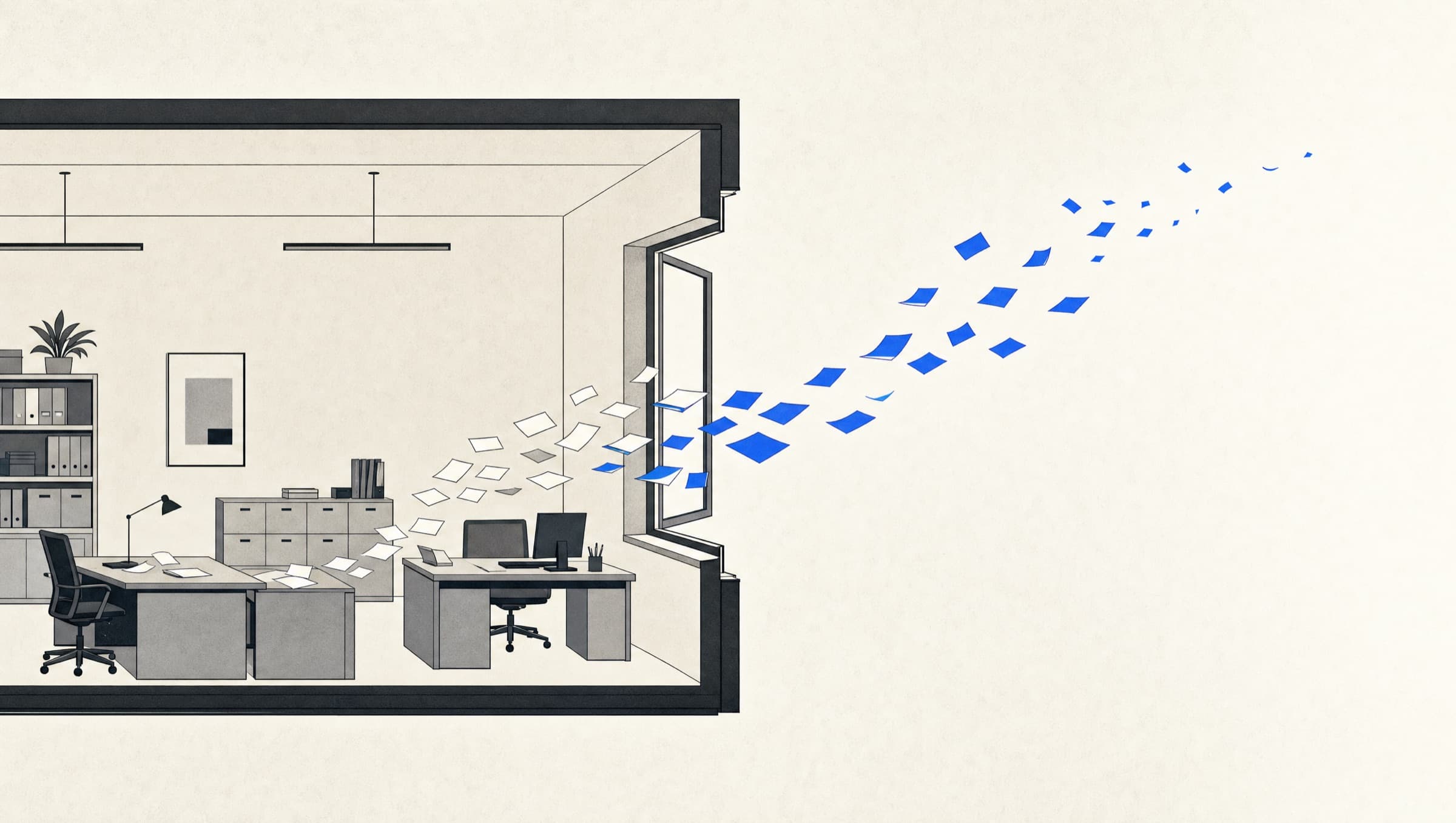 Una oficina ilustrada donde los documentos se escapan por la ventana hacia un lugar invisible