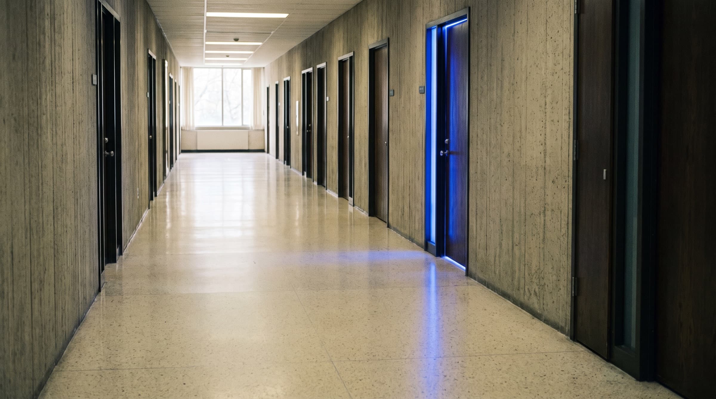 Un pasillo de oficinas administrativas universitarias con una sola puerta delineada en luz azul